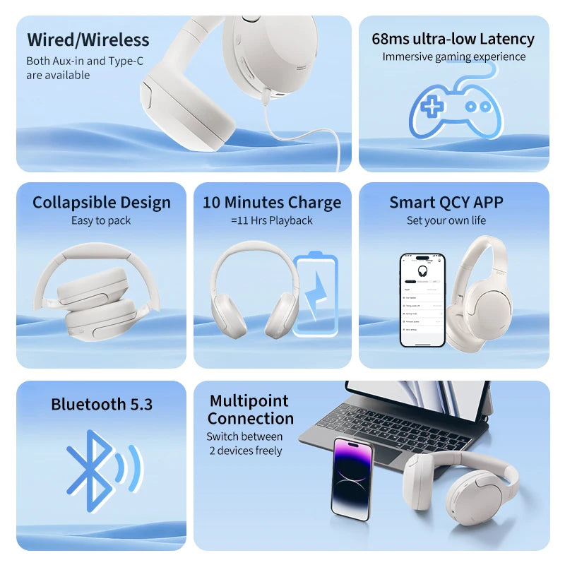 QCY H3 Lite Wireless Bluetooth Active Noise Cancelling Over-Ear Headphones - Direct Headphones